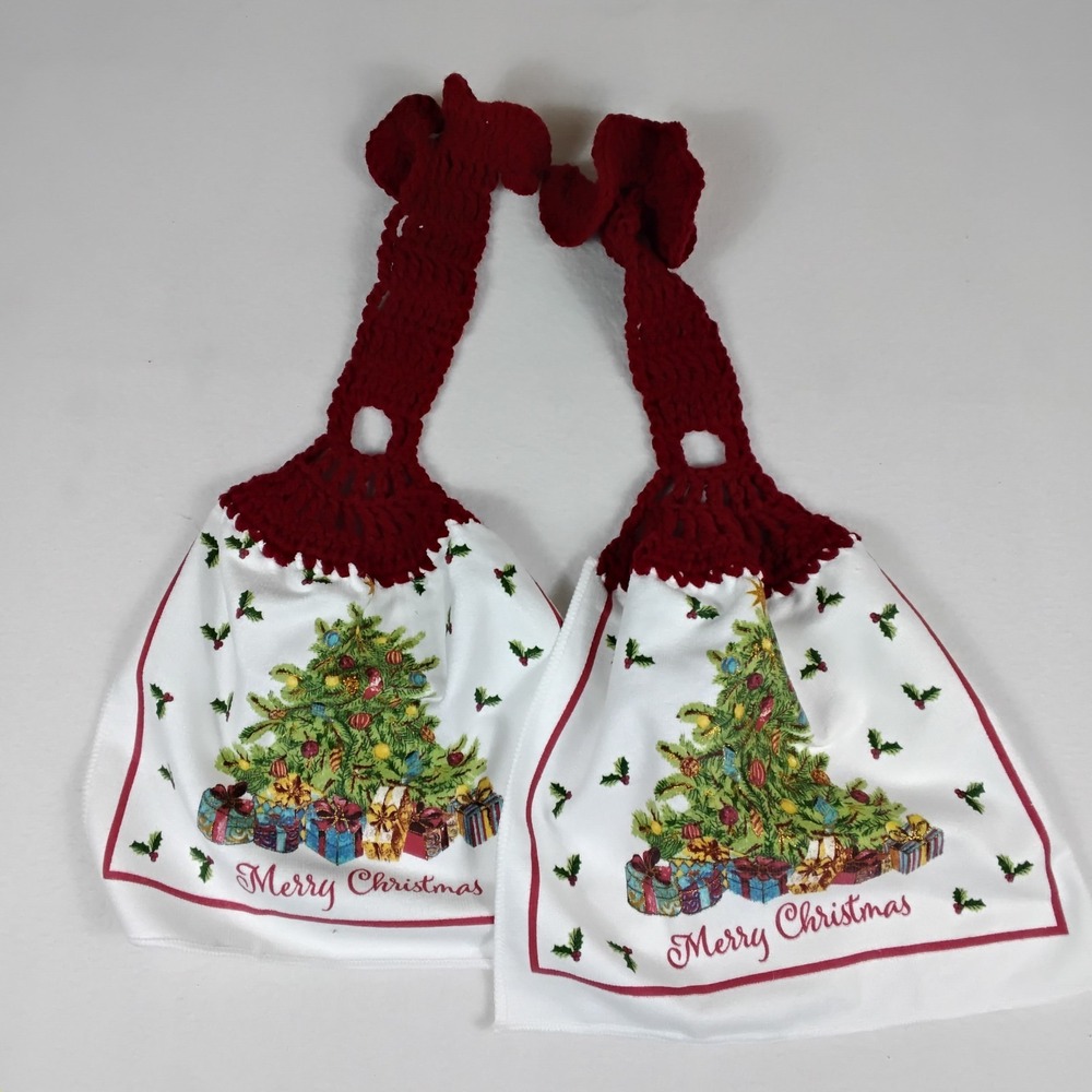 Christmas Hanging Kitchen Towels Set of 2 Tree Gifts Crochet Top Merry Christmas